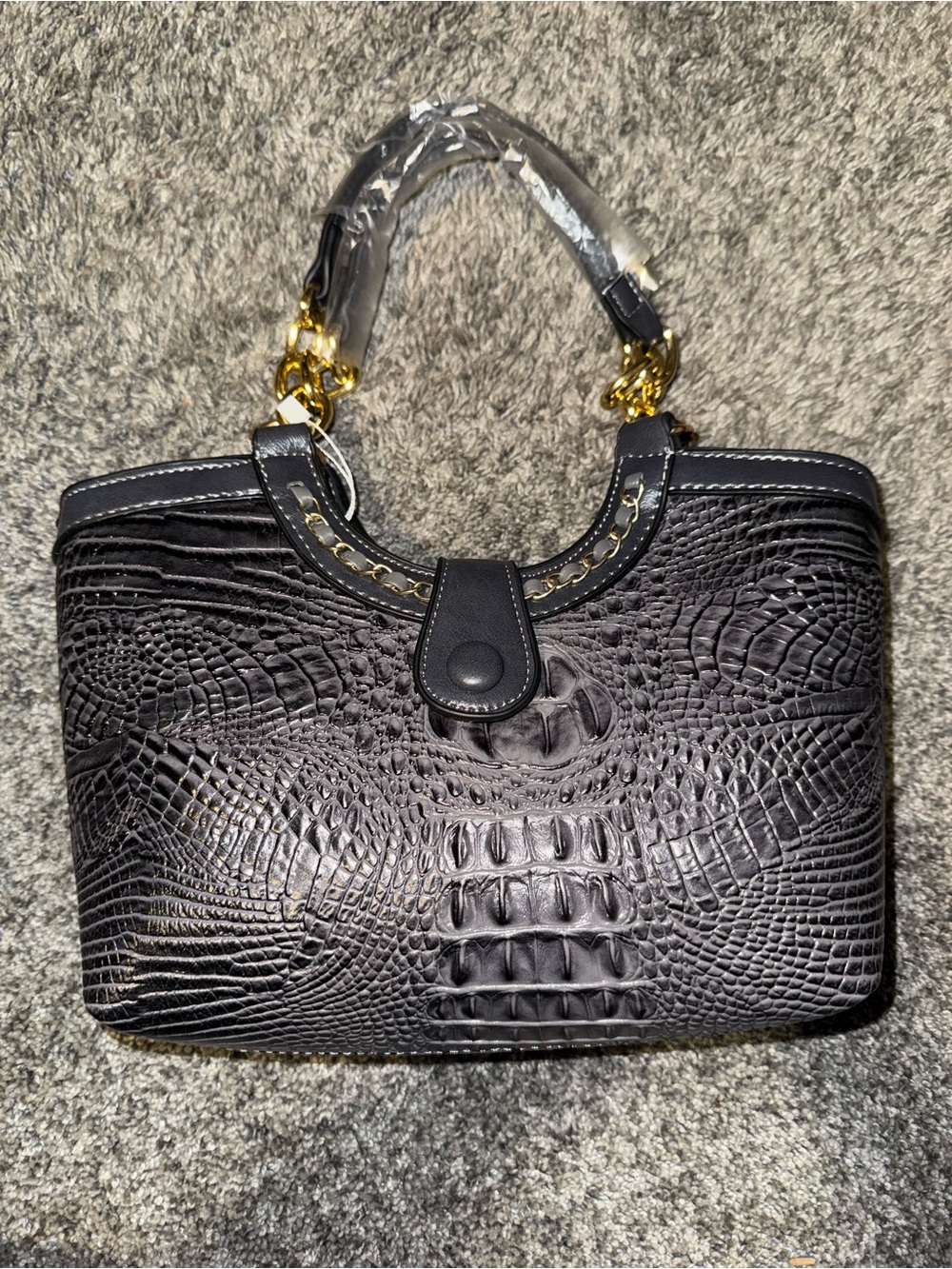 Textured Croc-Embossed Shoulder Bag with Gold Chain Detail - dark gray